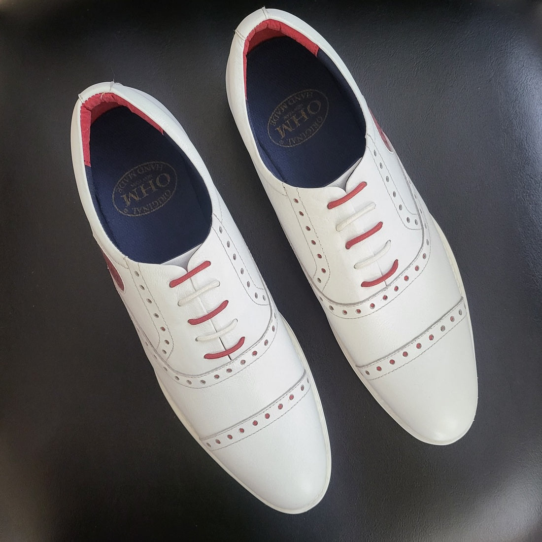 Cap Toe Oxford Sporty Designer Leather Shoes White/ Red