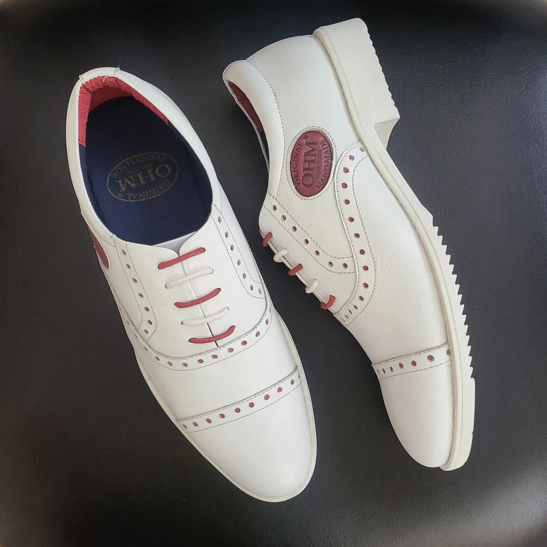 Cap Toe Oxford Sporty Designer Leather Shoes White/ Red